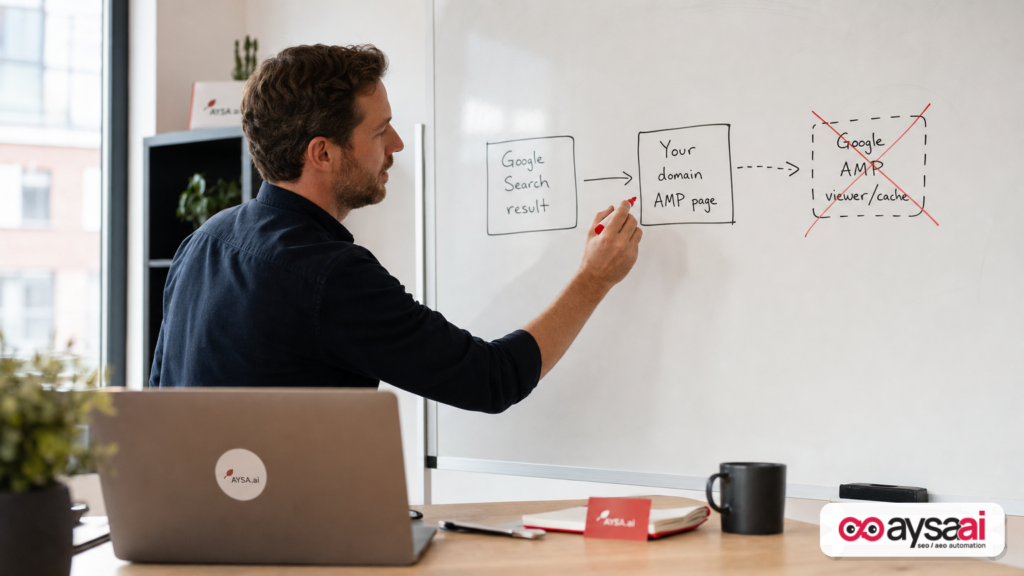 Marketer drawing a simple before-and-after flow showing AMP clicks going directly to the website domain.