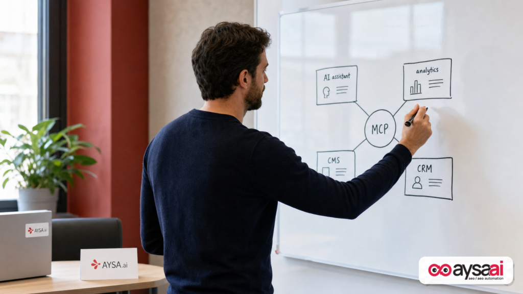 Marketer drawing a simple diagram of MCP connecting an AI assistant to analytics, CMS, and CRM.