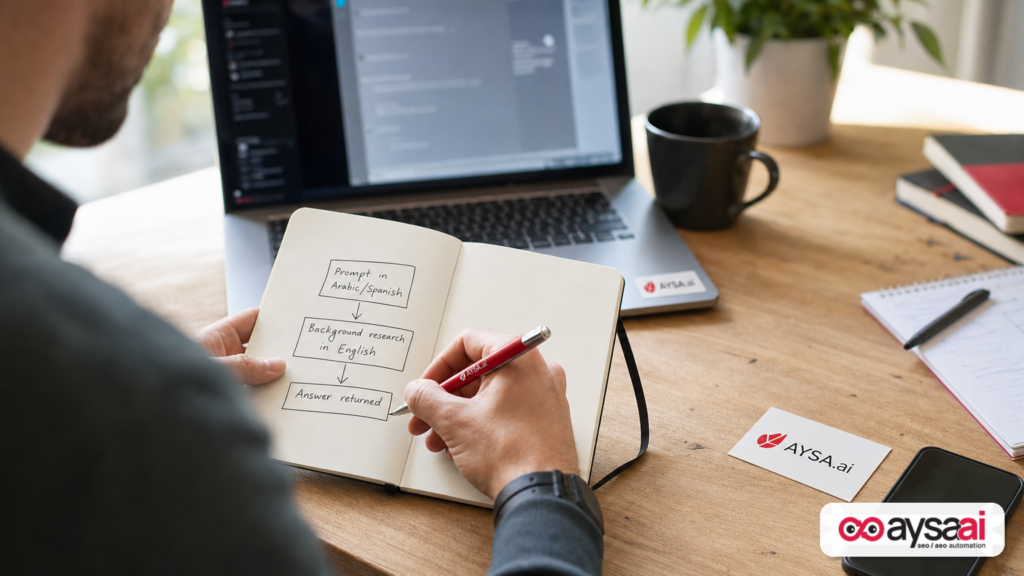 Marketer drawing a workflow showing how a non-English query may pull English sources before returning an answer.