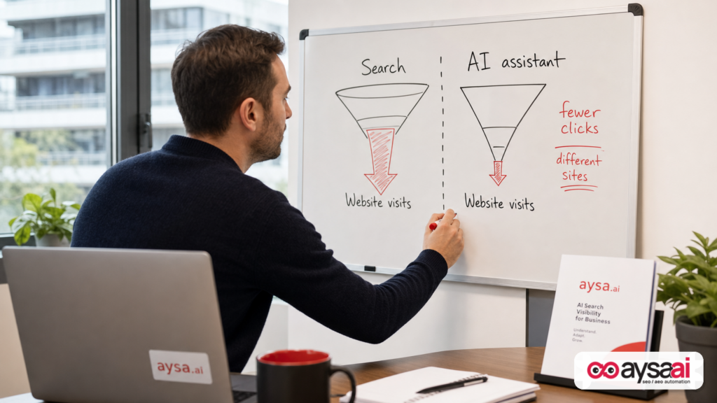 Marketer drawing two funnels comparing traditional search clicks versus AI assistant sessions.