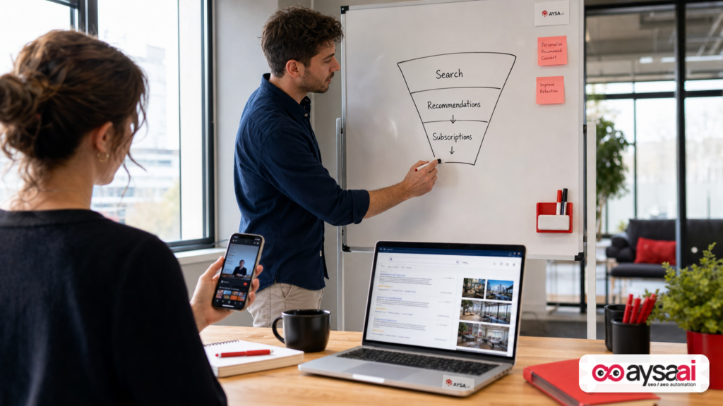 Marketer explaining a discovery funnel from search to recommendations to subscriptions.