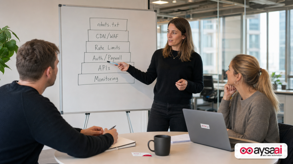 Marketer explaining a simplified website stack that controls crawler access.