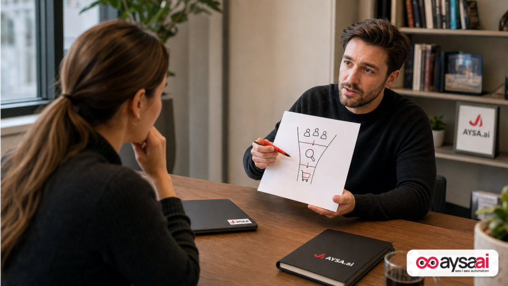 Marketer explaining an awareness-to-search-to-conversion journey to a business owner.