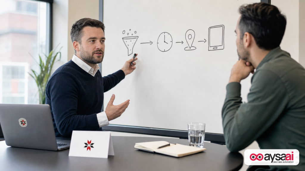 Marketer explaining behavioral signals on a whiteboard to a small business owner as search term visibility decreases.