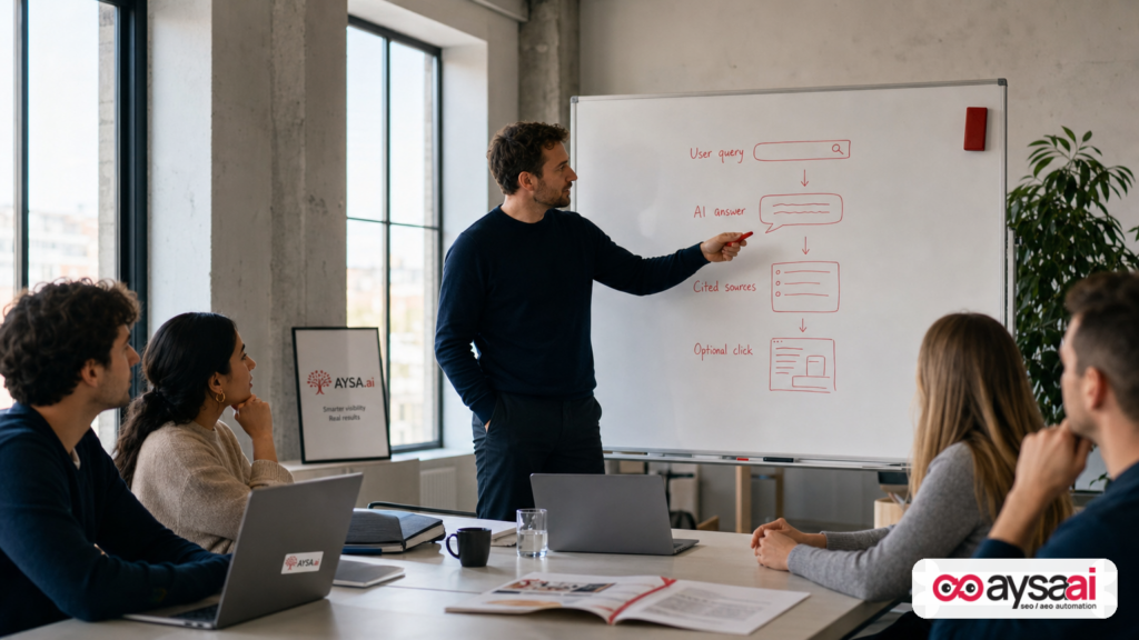 Marketer explaining how AI answers cite sources before users click to websites.