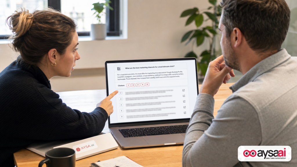 Marketer explaining how AI answers use citations on a laptop screen.