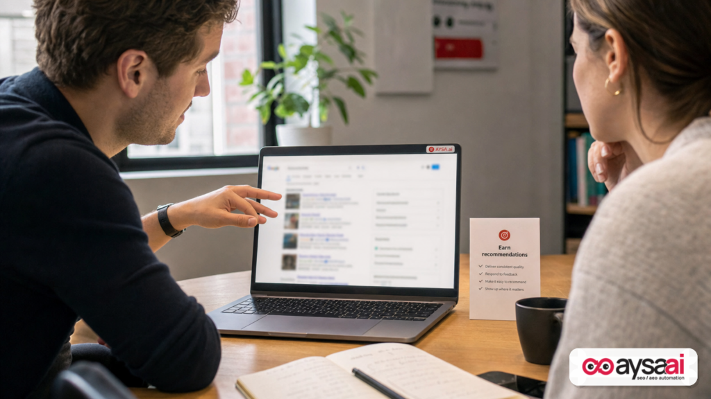 Marketer explaining recommendation-style search results to a business owner on a laptop.