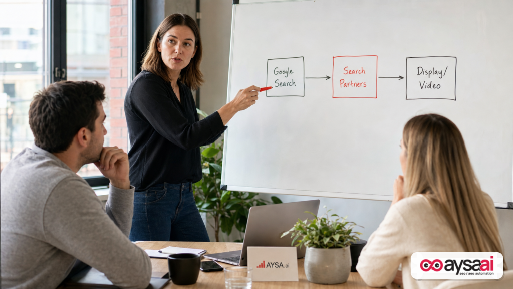 Marketer explaining the difference between Google Search, Search Partners, and Display on a whiteboard.