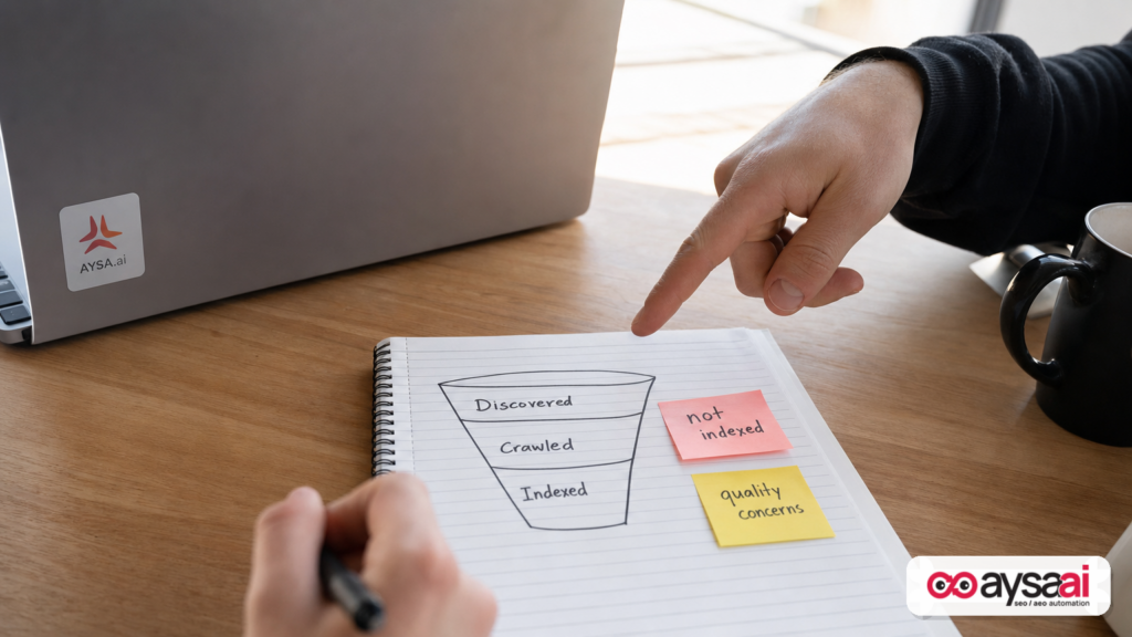 Marketer illustrating the stages of indexing from discovered to crawled to indexed using a simple desk sketch.