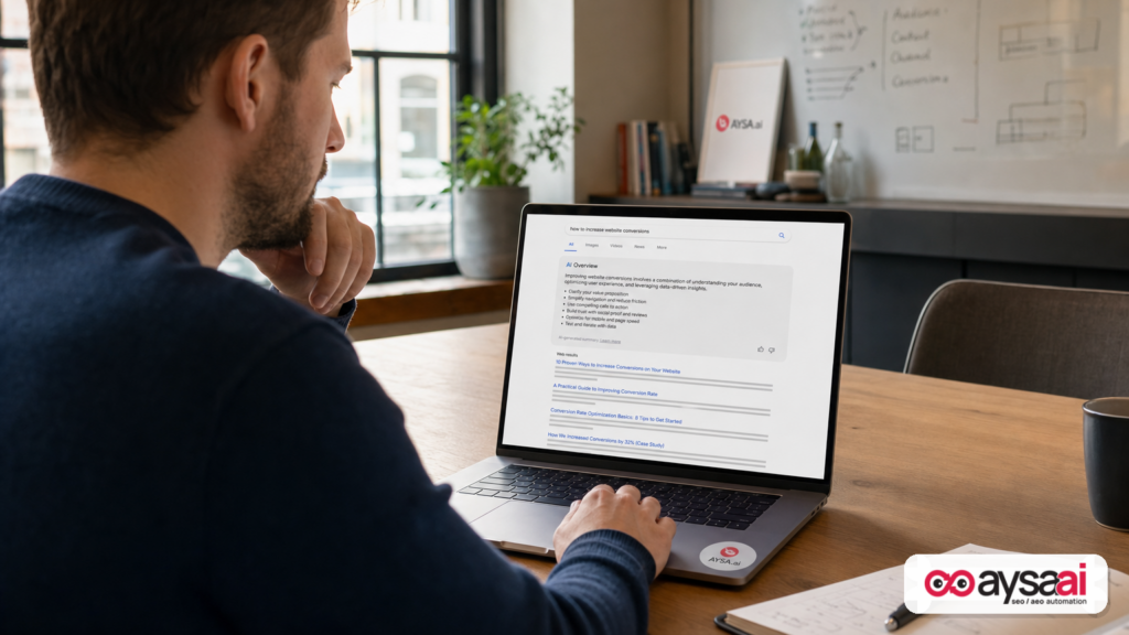 Marketer looking at a laptop showing a fictional search page where an AI summary panel reduces space for traditional results.