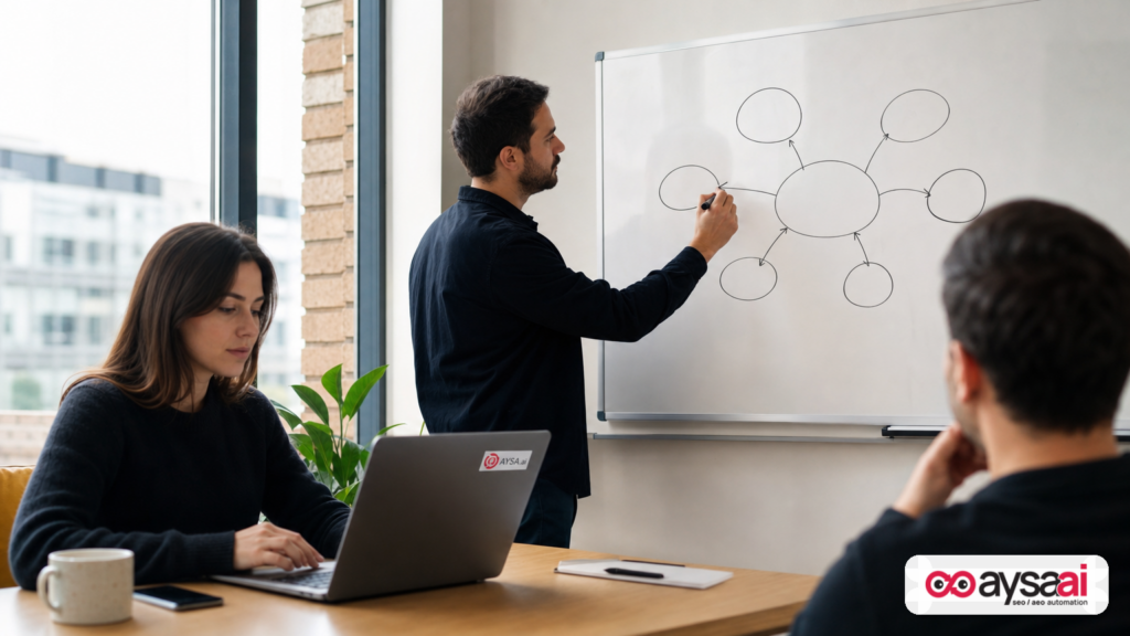 Marketer mapping a content cluster for emerging summer search language on a whiteboard.