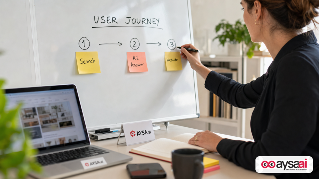 Marketer mapping a customer journey from search to AI answers on a whiteboard.