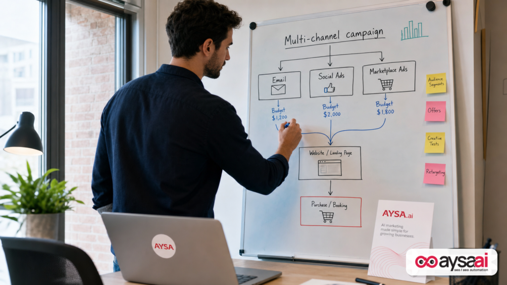 Marketer mapping a multi-channel campaign flow and budget allocation on a whiteboard.