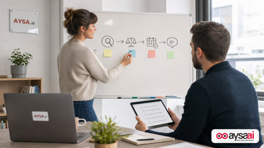 Marketer mapping a multi-step search journey on a whiteboard to represent agentic search workflows.