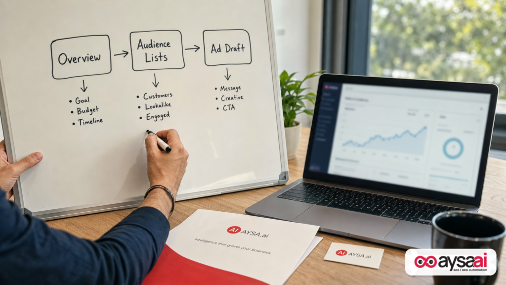 Marketer mapping a workflow for overview reporting, audience lists, and ad drafts next to a laptop.