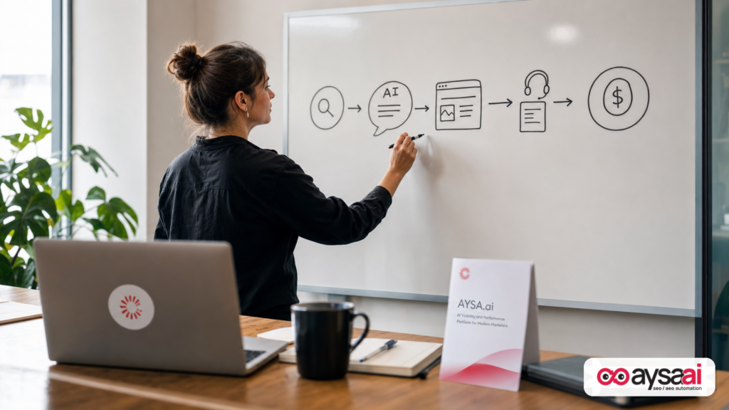 Marketer mapping an AI-influenced customer journey from discovery to lead and sale