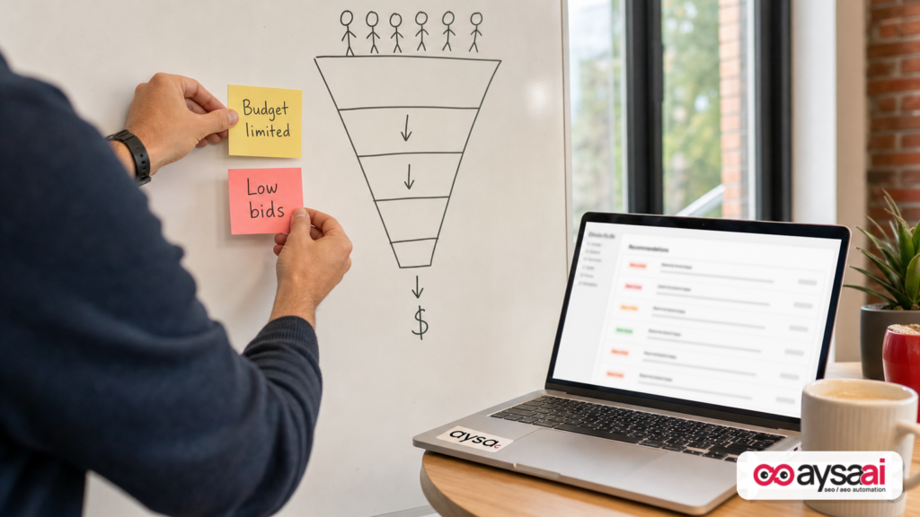 Marketer mapping budget-limited versus low-bid causes of missed growth on a whiteboard.