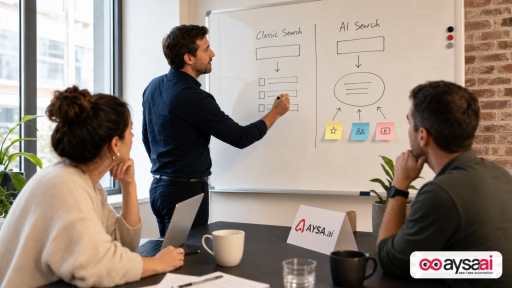 Marketer mapping differences between classic search and AI search on a whiteboard.
