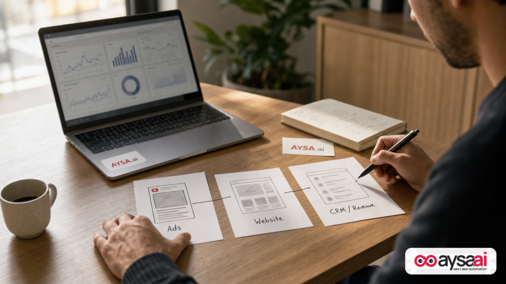 Marketer mapping the feedback loop from ads to website to CRM revenue outcomes.