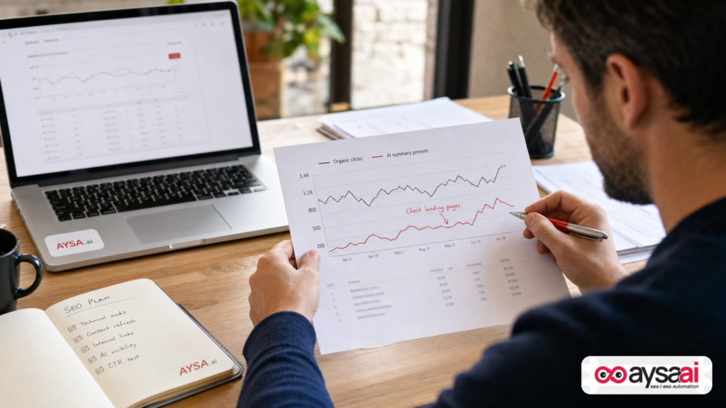 Marketer marking up a printed organic clicks trend chart next to a laptop with blurred analytics.