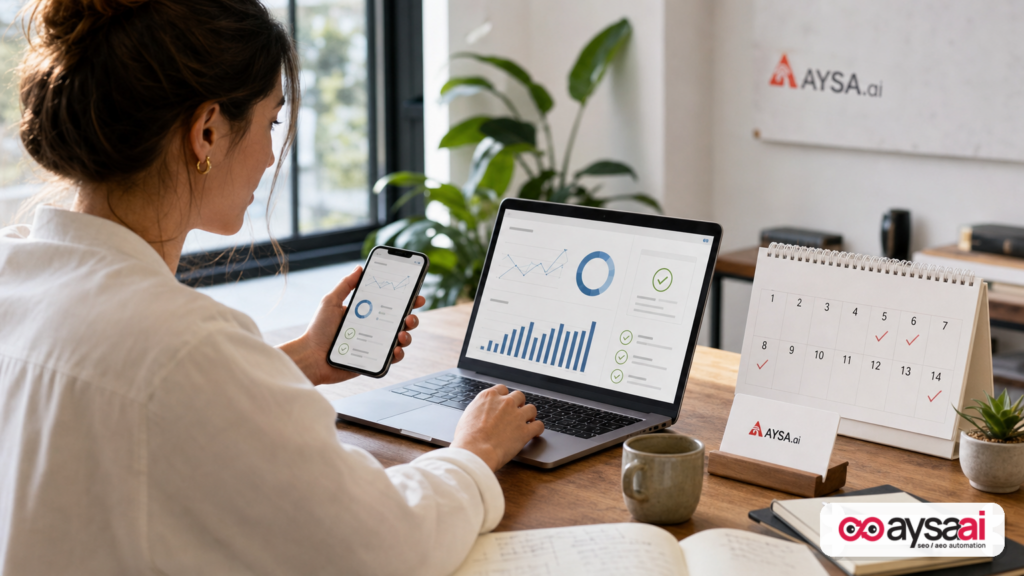 Marketer monitoring SEO signals during a two-week check-in period