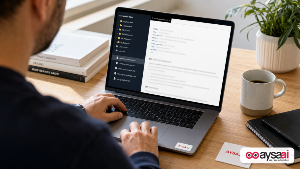 Marketer organizing a structured knowledge base with folders for concepts, entities, references, and playbooks.