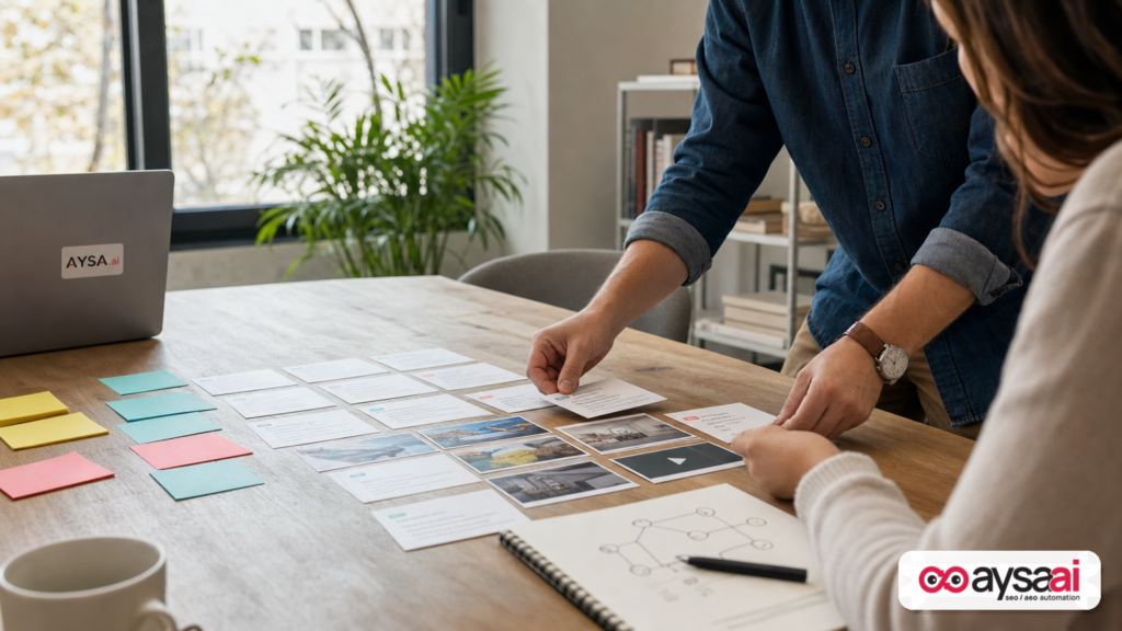 Marketer organizing ad headlines and creative assets into a grid to represent many ad combinations.