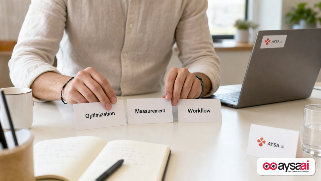 Marketer organizing campaign improvement priorities: optimization, measurement, and workflow
