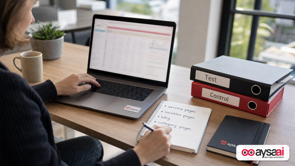 Marketer organizing pages into test and control groups for an SEO experiment.