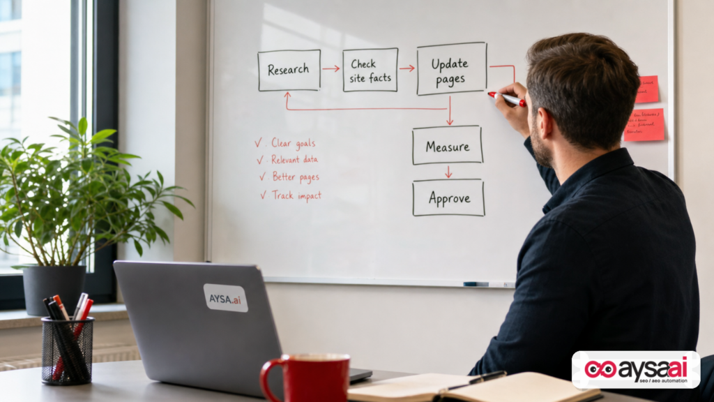Marketer outlining a multi-step AI workflow showing research, updates, approval, and measurement.