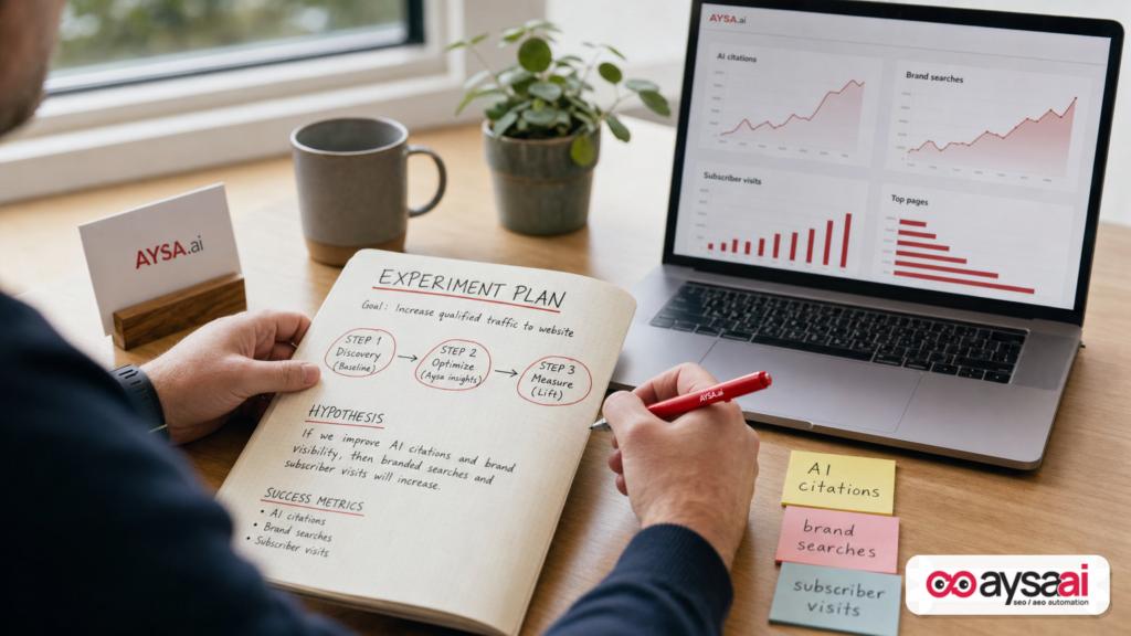 Marketer planning AI search measurement experiments beside a laptop with blurred analytics charts.