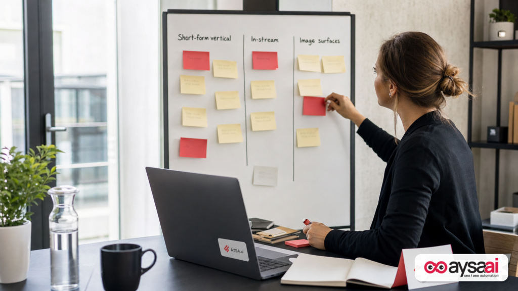 Marketer planning separate YouTube campaigns for Shorts, in-stream, and image placements on a whiteboard.