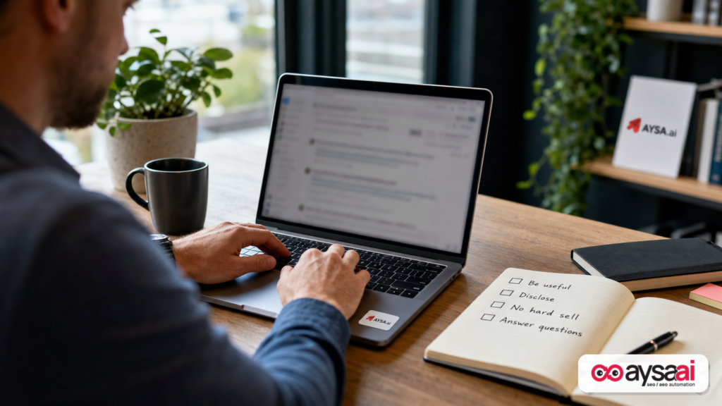 Marketer preparing a helpful community response with a brand safety checklist.