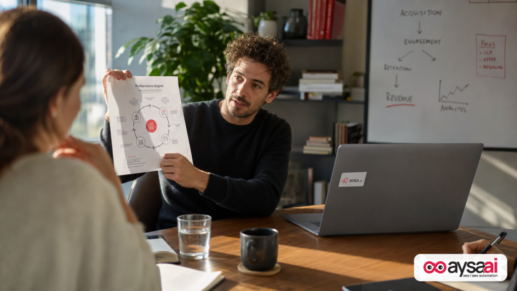 Marketer presenting a simple one-page performance engine diagram to a small team.