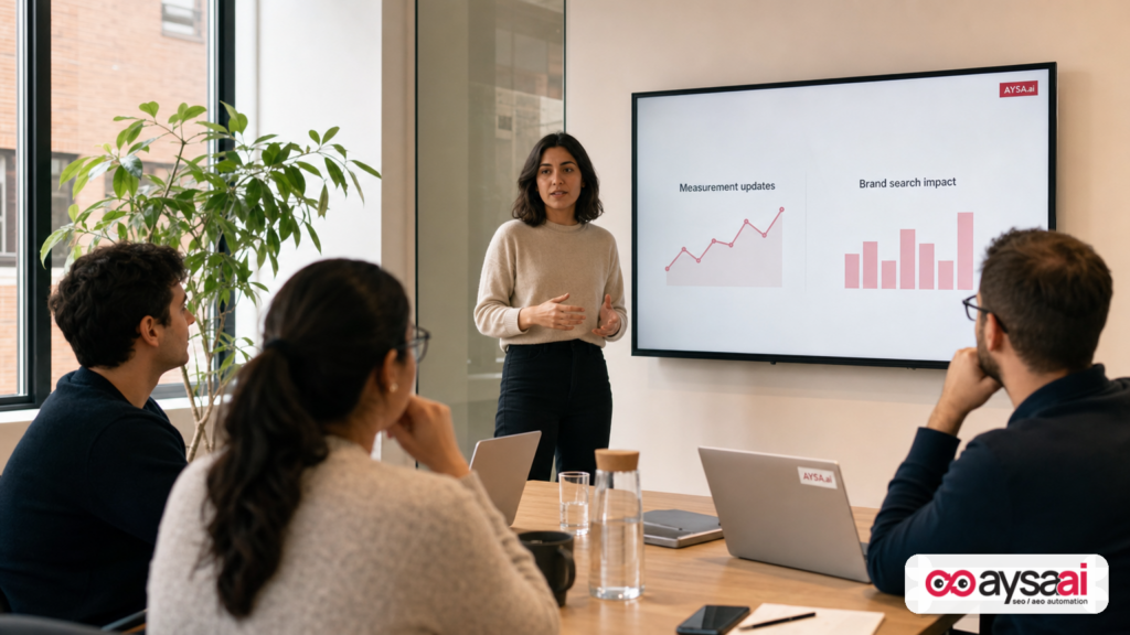Marketer presenting measurement updates to a small team in a meeting room.