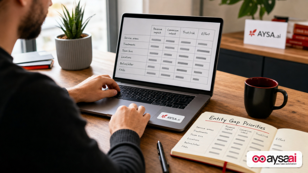 Marketer prioritizing entity gaps using a scoring worksheet for revenue impact and effort.
