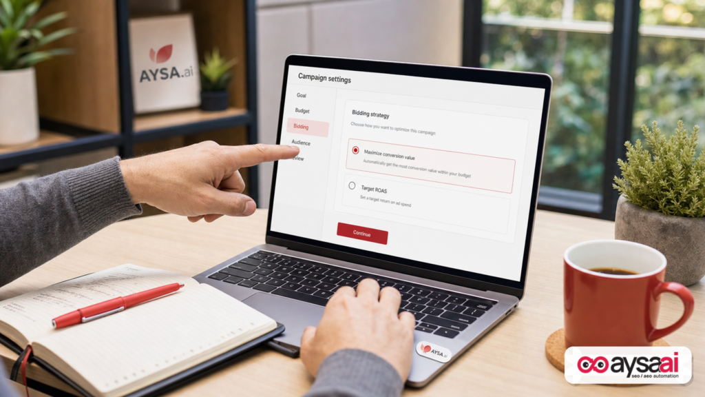 Marketer reviewing a campaign bidding setting showing Maximize conversion value versus Target ROAS.