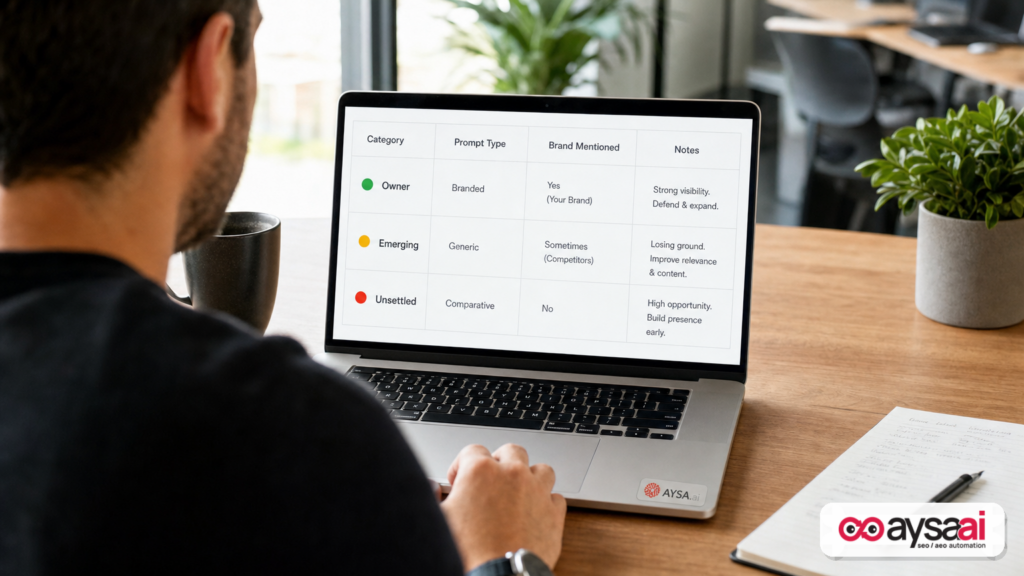 Marketer reviewing a category ownership tracking spreadsheet on a laptop.