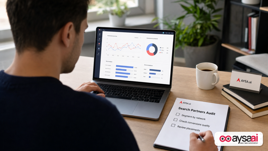 Marketer reviewing a checklist for auditing Search Partners performance.