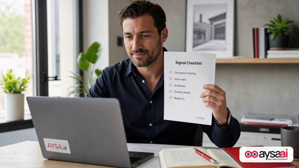 Marketer reviewing a checklist of signals and measurement inputs for improving Microsoft Advertising performance.