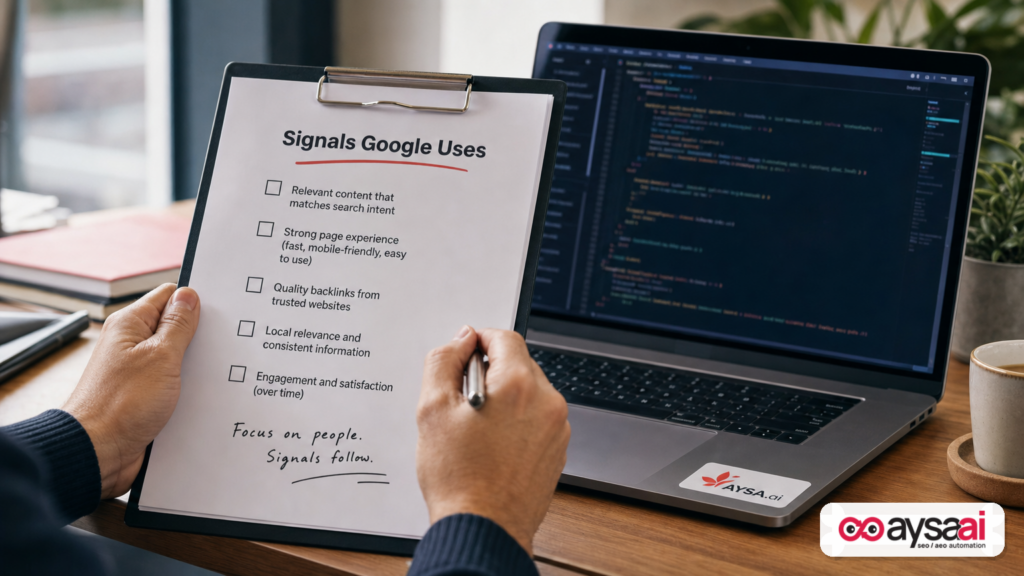 Marketer reviewing a checklist of signals search engines can use, next to a laptop with a blurred code editor.