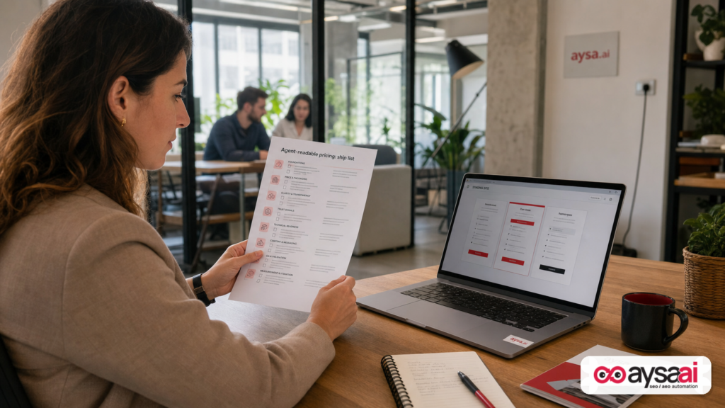 Marketer reviewing a checklist to publish agent-readable pricing and plan details.