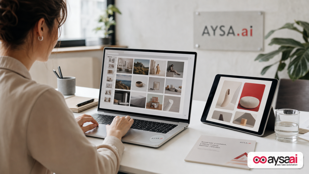 Marketer reviewing a curated image gallery and a concept of generating an image from a prompt.