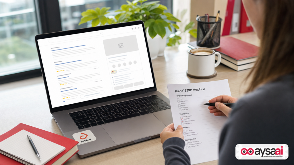 Marketer reviewing a generic branded search results page layout with a checklist.