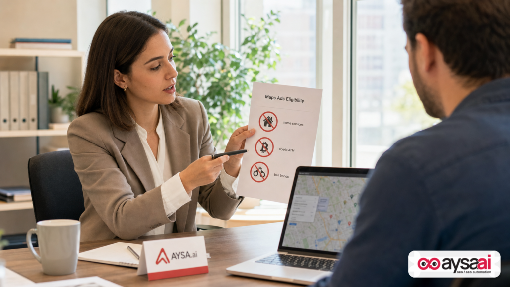 Marketer reviewing a maps advertising eligibility checklist showing restricted categories.