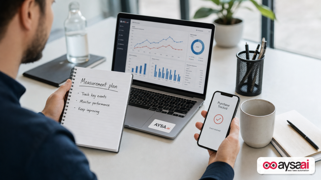 Marketer reviewing a measurement plan and analytics charts for ticket sales campaigns.
