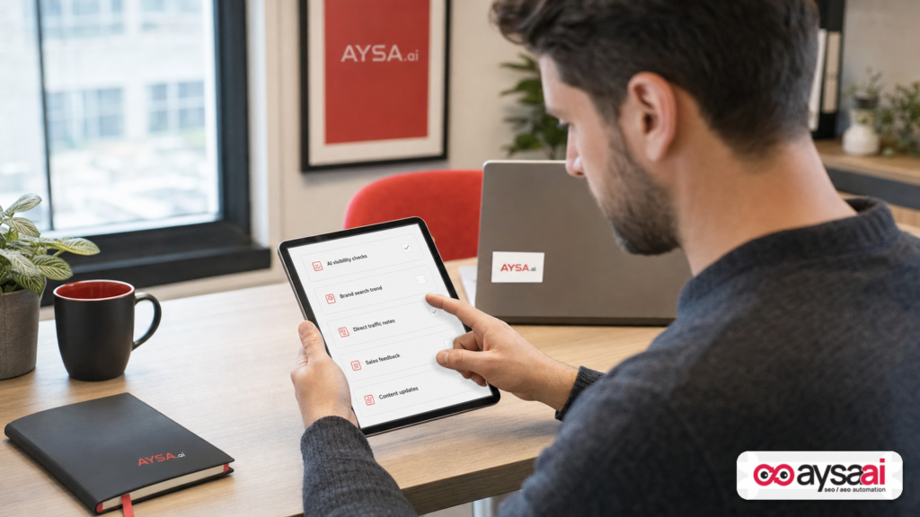 Marketer reviewing a monitoring checklist for AI visibility and business signals.