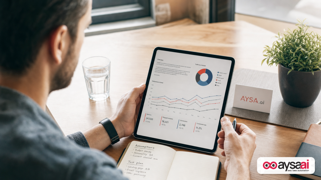 Marketer reviewing a research report and writing a validation test plan for AI search ads.