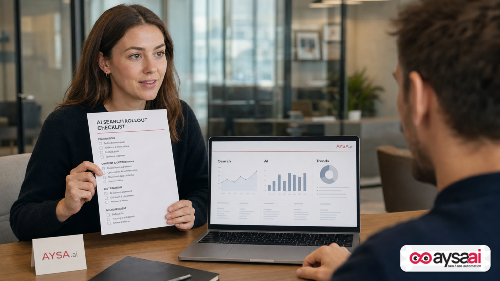 Marketer reviewing a rollout checklist beside a laptop displaying a generic AI performance report concept.
