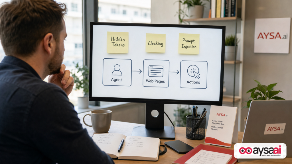 Marketer reviewing a simple diagram of how AI agents interact with web pages and where traps can be hidden.